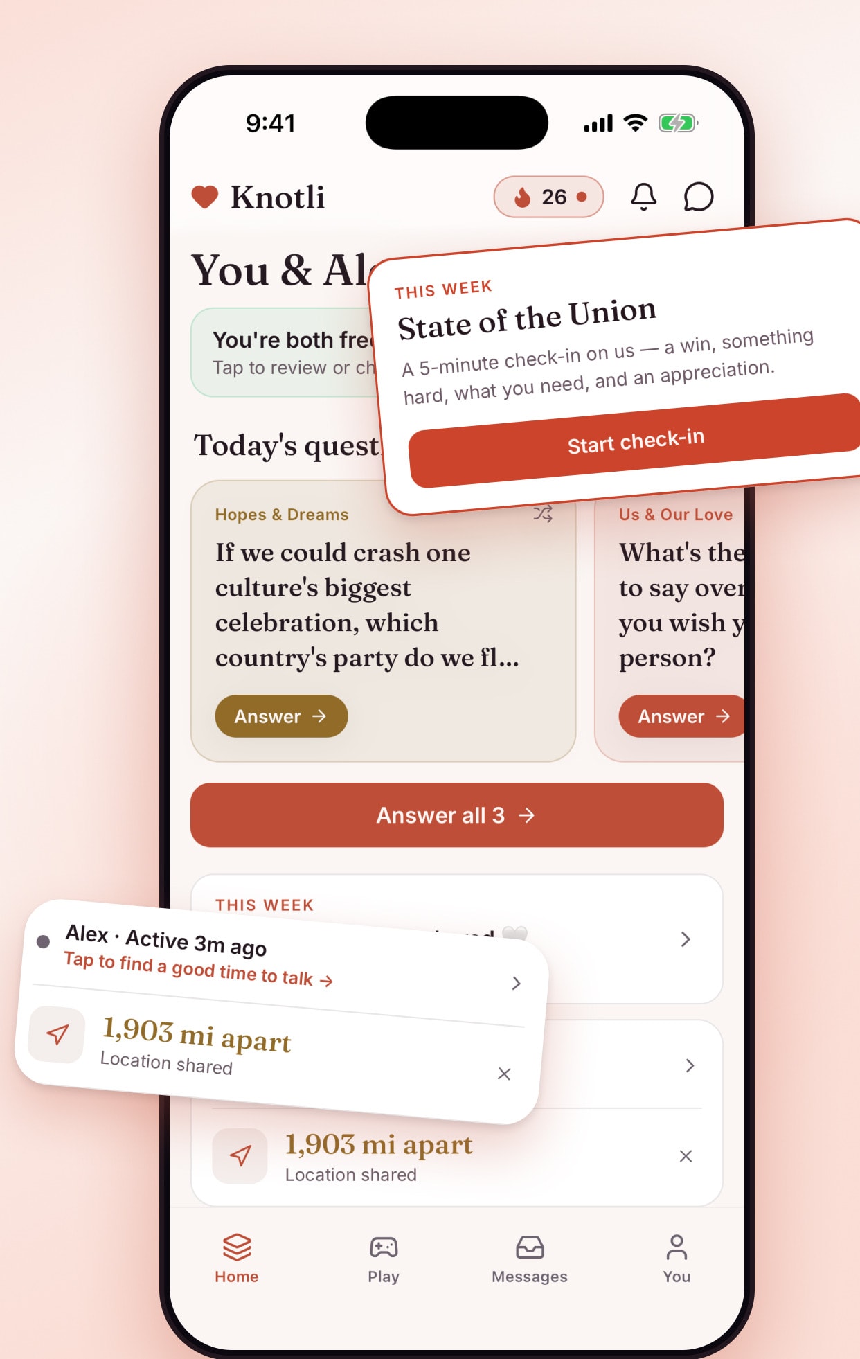 The Knotli home screen: today's question, this week's check-in, and how far apart you are